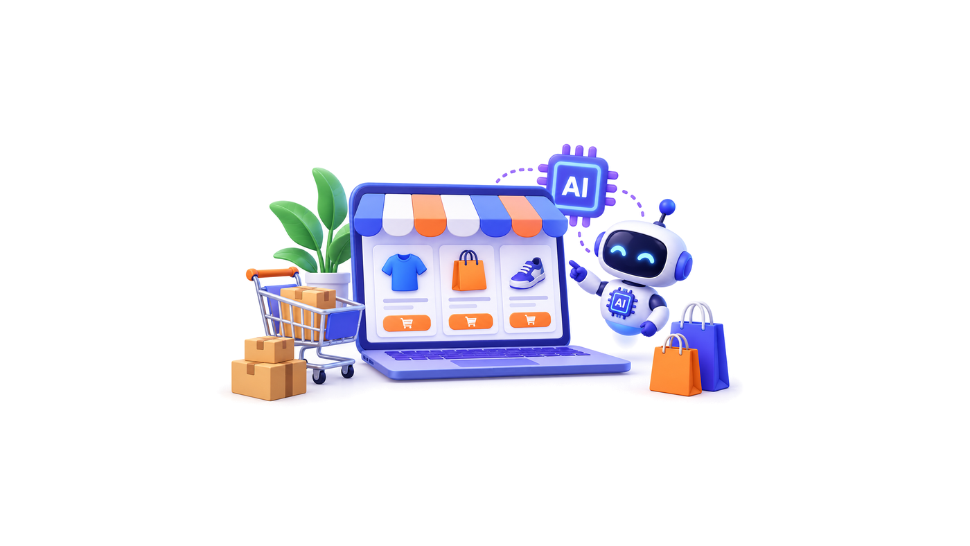 روبوت ذكاء اصطناعي يشير إلى متجر إلكتروني على حاسوب محمول، بجانبه رقاقة AI وعربة تسوق وصناديق