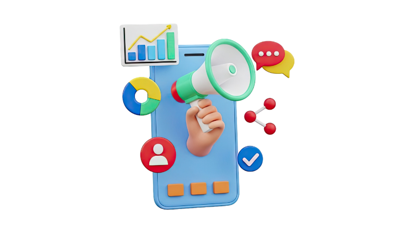 هاتف أزرق تخرج منه يد تحمل مكبّر صوت، حوله مخطط أعمدة وأيقونة مستخدم وعلامة صح وفقاعات حوار