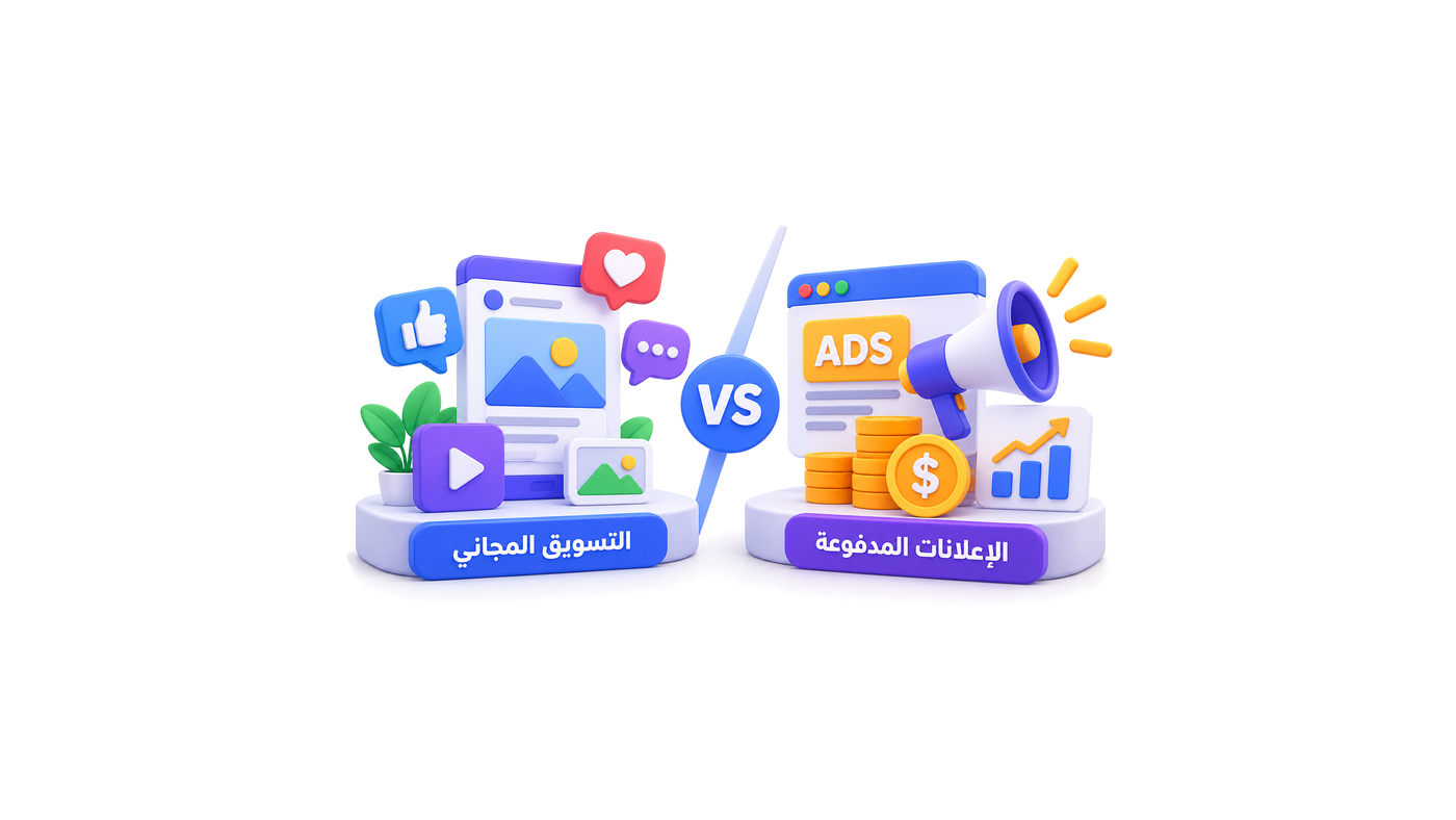 مقارنة بين جانبين تفصل بينهما علامة VS: على اليسار منشور على هاتف مع أيقونات إعجاب وتعليق وفيديو وصورة تحت عنوان «التسويق المجاني»، وعلى اليمين نافذة إعلان عليها ADS ومكبّر صوت وعملات ومخطط نمو تحت عنوان «الإعلانات المدفوعة»