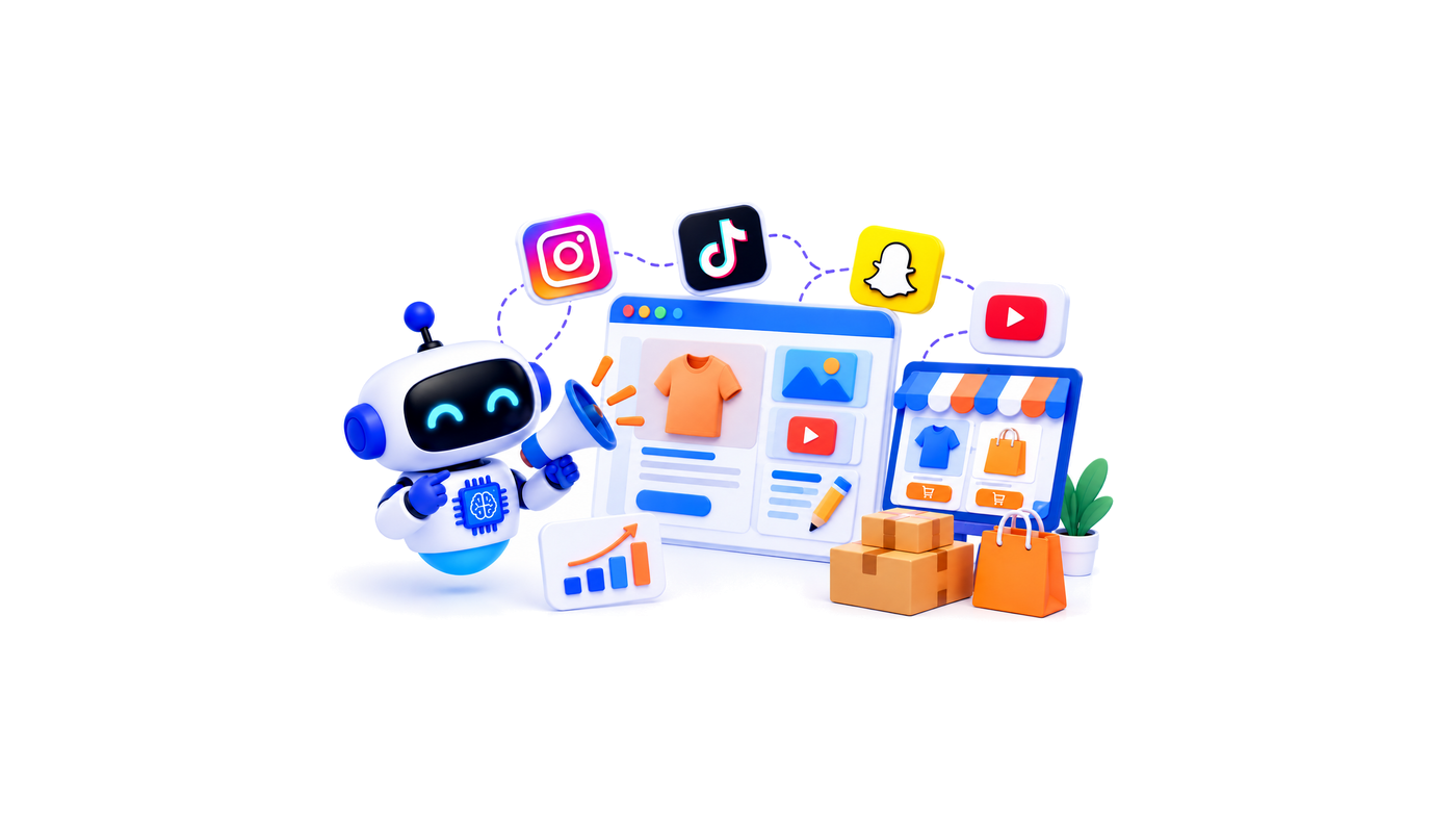 روبوت بمكبّر صوت أمام لوحة إعلان منتج، حولها أيقونات منصات التواصل ومخطط نمو