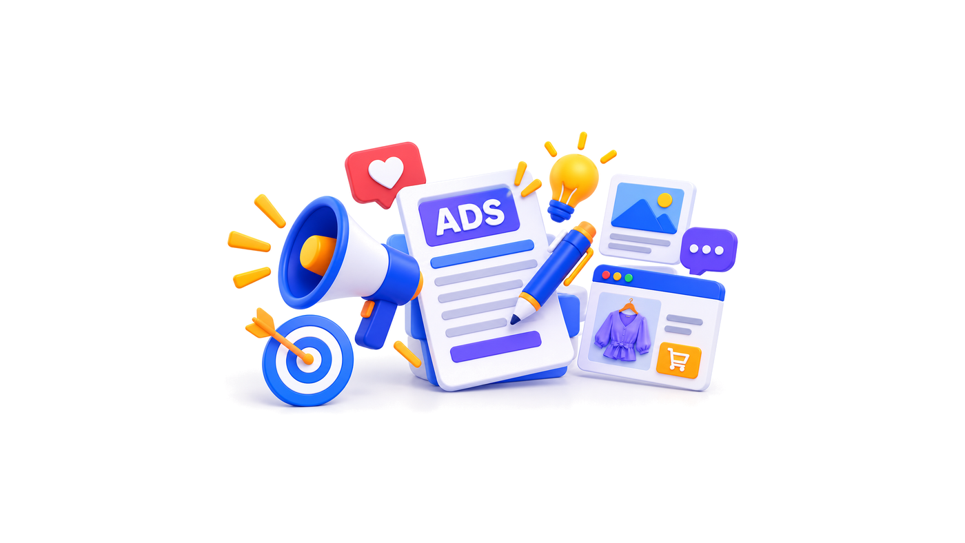 ورقة إعلان عليها كلمة ADS وأسطر نص وقلم يكتب، بجانبها مكبّر صوت وهدف بسهم وأيقونتا إعجاب وتعليق ومصباح فكرة، ونافذة منتج فيها قميص بنفسجي وزر سلة