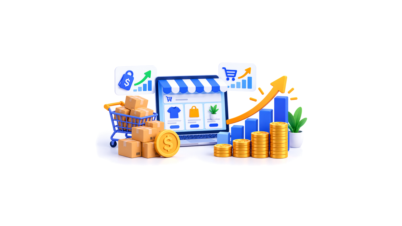 متجر إلكتروني على حاسوب بجانب عربة شحن وعملات ذهبية ومخطط أعمدة وسهمين صاعدين، يوضح الاختيار بين رفع السعر وزيادة المبيعات