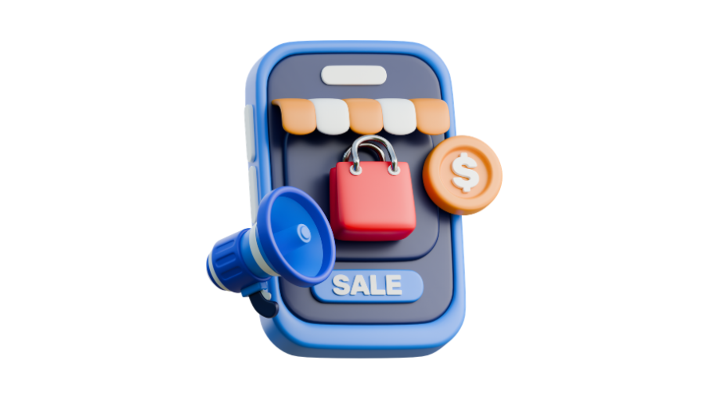 هاتف أزرق عليه واجهة متجر بمظلة وكيس تسوق أحمر وعملة دولار برتقالية ولافتة SALE، بجانبه مكبّر صوت أزرق