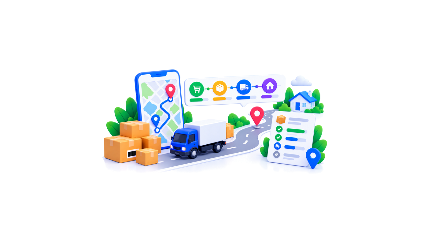 هاتف بخريطة ومسار ودبابيس، وشريط مراحل الطلب (سلة وصندوق وشاحنة ومنزل)، وشاحنة زرقاء على طريق متعرج نحو منزل، وصناديق كرتون وقائمة تتبع بعلامات صح
