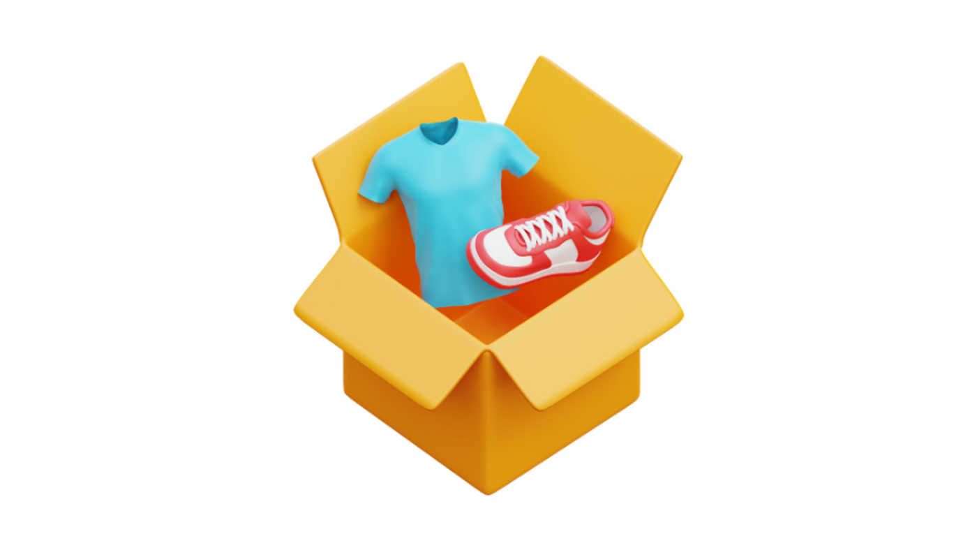 صندوق كرتون مفتوح فيه قميص أزرق وحذاء رياضي